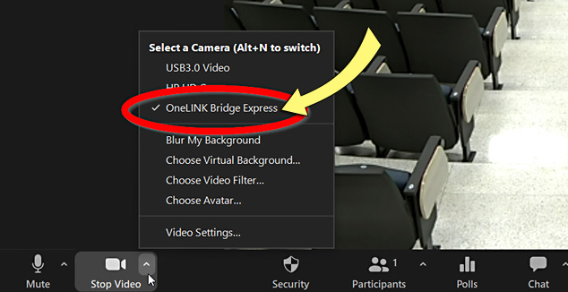 Screenshot: 'OneLINK Bridge Express' selected in the Zoom app.