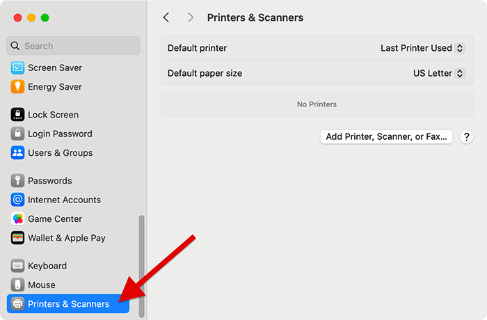 Screenshot: Printer & Scanners menu with 'Printer & Scanners' selected.