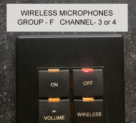 Photo: Frequency sticker. 'WIRELESS MICROPHONES. GROUP-F   CHANNEL- 3 or 4'.