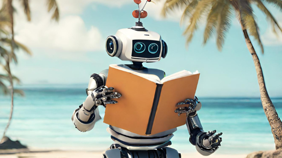AI Generated image: robot reading a book on a tropical beach