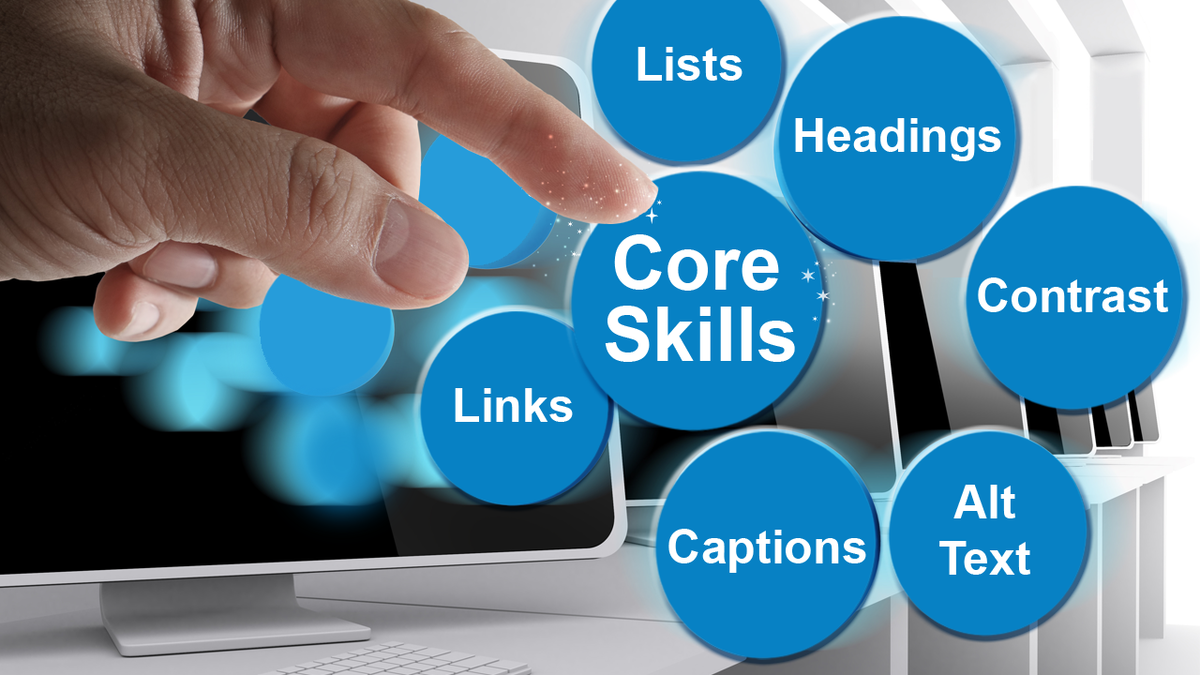 Illustration: Core Skills include headings, links, lists, contrast, captions, alt text