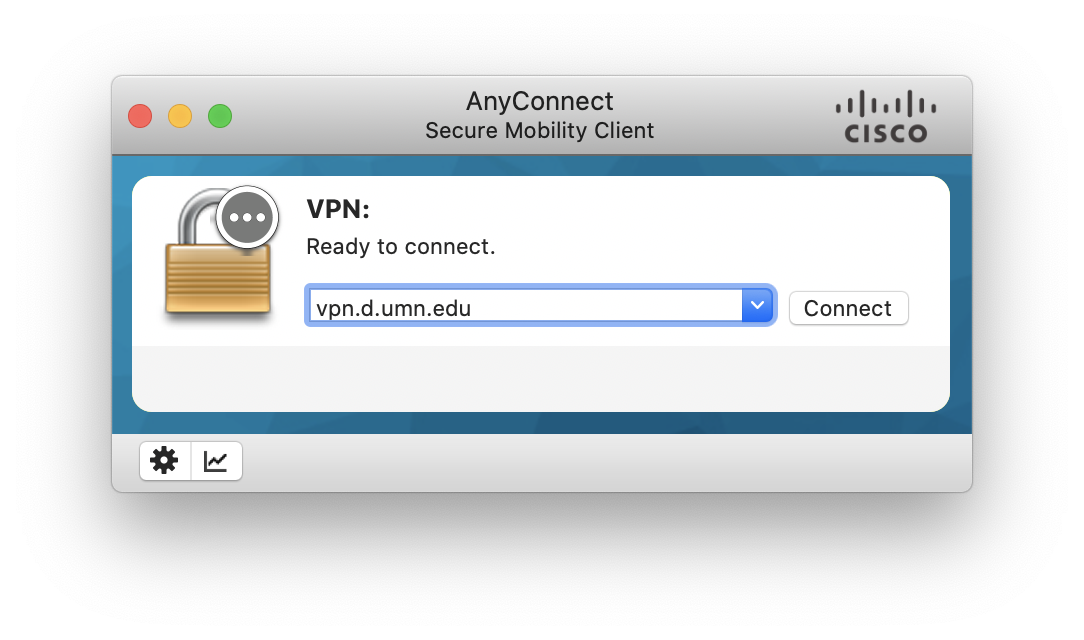Screenshot: VPN: Cisco AnyConnect client. 'Ready to Connect' with 'vpn.d.umn.edu' entered.'