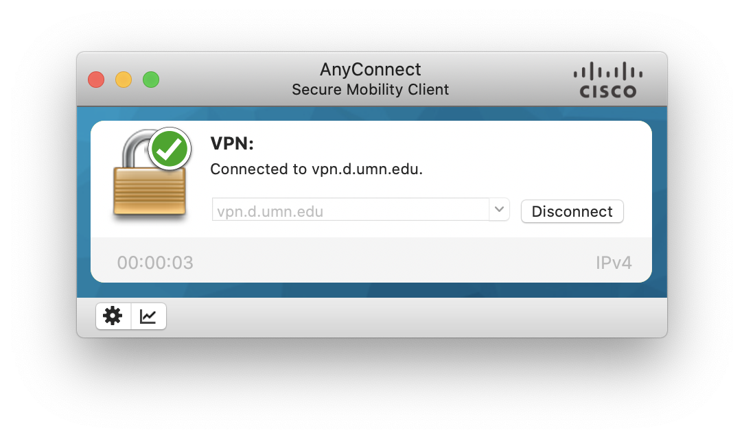 Screenshot: VPN Cisco AnyConnect client. 'Connected to vpn.d.umn.edu'.