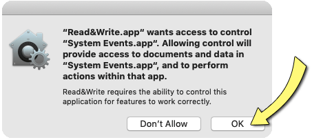 Screenshot: Dialog box asking you to grant access to system events.