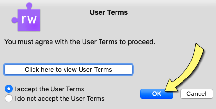 Screenshot: Dialog box asking you to agree to terms.