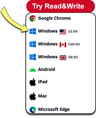 Screenshot: Menu. Windows US EN selected. Unselected: Google Chrome, Mac, Android, iPad, Edge.