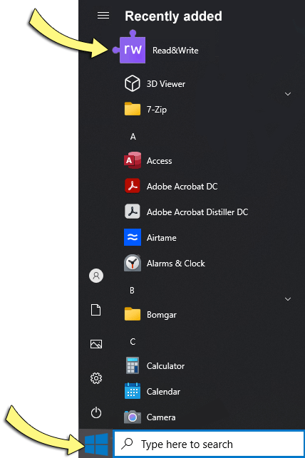 Screenshot: Windows icon in the toolbar. Read&Write listed in 'Recently Added'.
