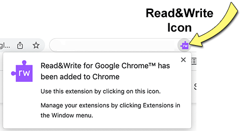Screenshot: Confirmation message that icon is on Chrome's toolbar.