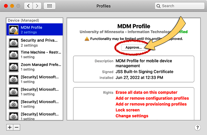 Screenshot: MDM profile pane with the Approve button selected.