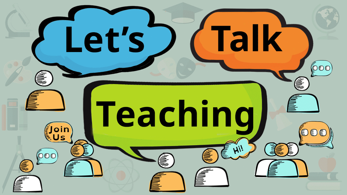 Illustration: Speech bubbles. Words: Let's Talk Teaching',  'Join Us',  & 'Hi'.