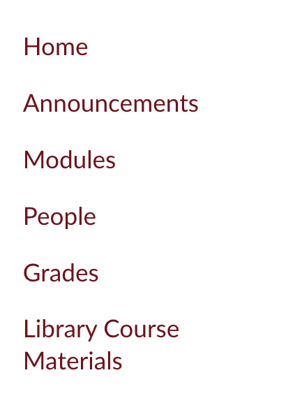 Canvas Nav Menu Options: Home, Announcements, Modules, People, Grades, Library Course Materials