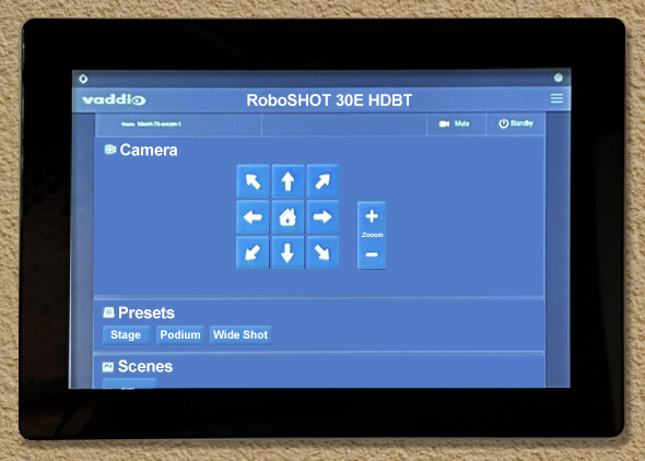 Screenshot: Remote has controls for Camera (moving/zoom), Presets (Stage, Podium, Wide Shot), Scenes