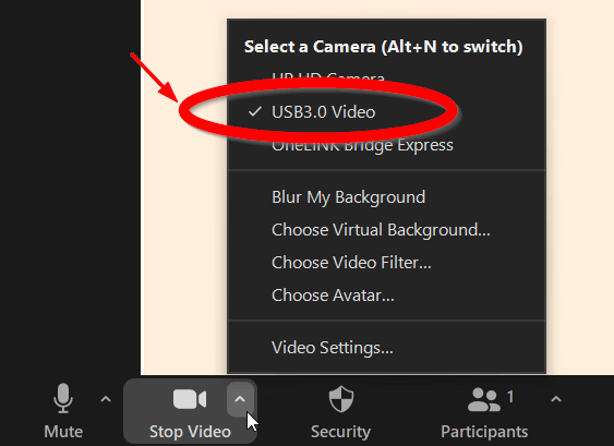 Screenshot: Select camera menu with 'USB3.0 Video' selected.