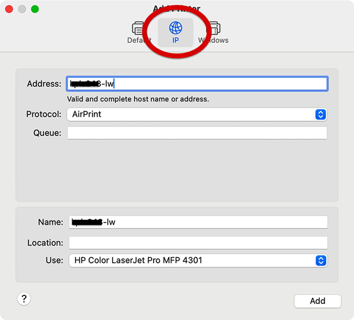 Screenshot: Add Printer menu. 'IP' is selected.