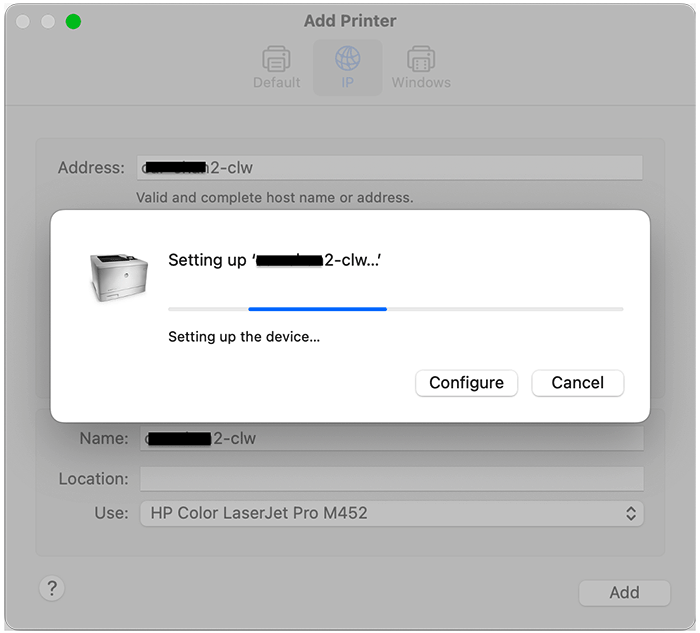 Screenshot: Setting up the device' progress bar. Configure and Cancel buttons are available.
