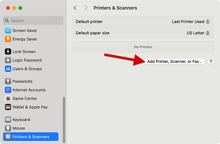 Screenshot: Printer & Scanners menu. 'Add Printer, Scanner, or Fax' button selected.