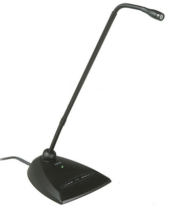Photo: Gooseneck microphone has long tube w/ flex adjustment near the top and has a flat base.