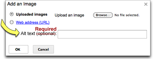 Screenshot: Google Sites Add an Image dialog window (annotated)