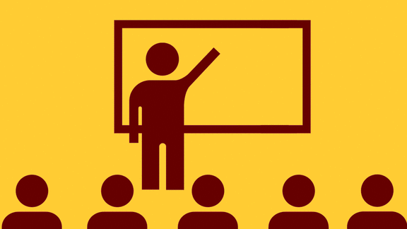 Stick figure person presenting wirelessly in a classroom with a stick figure audience.