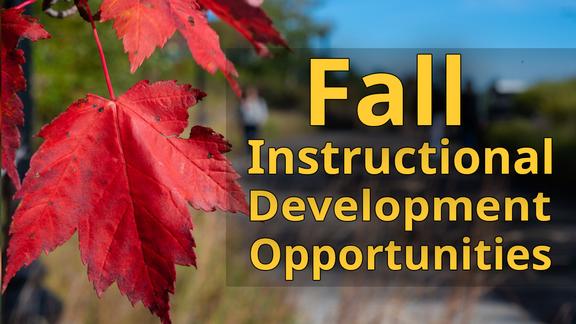 Text: 'Fall Instructional, Development Opportunities' superimposed on bright red maple leaf photo.