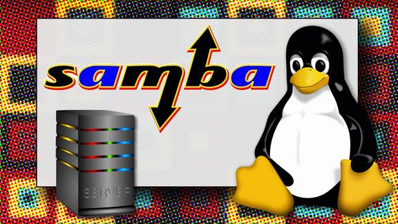 Illustration: Samba logo, linux penguin logo, and a server.