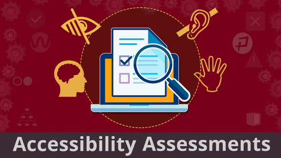 'Accessibility Assessments': Inspecting a doc. Low vision, hard of hearing, COGA & mobility icons.