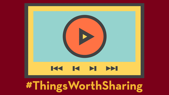 Illustration: Stylized computer screen with video controls. Tagline reads: '#ThingsWorthSharing'.