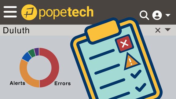Illustration: Duluth Popetech dashboard with Alerts & Errors chart plus a checklist on clipboard.