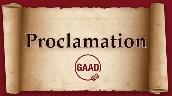 Illustration: a srcoll with the word 'Proclamation' and the GAAD logo.