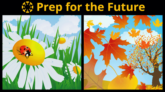 Words: Prep for the Future. Illustration: 2 panes. 1st: Summer.  Grass & daisy. 2nd: Fall leaves.