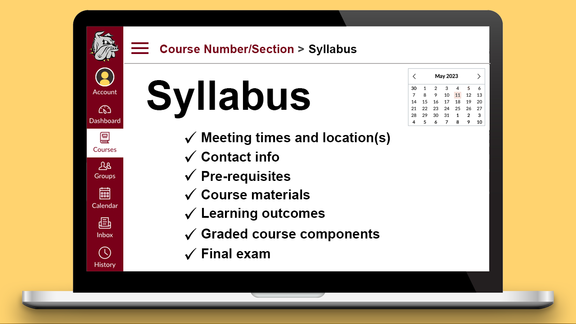 Illustration: Laptop with U.M.D. Syllabus on screen & list of course requirements checked off.