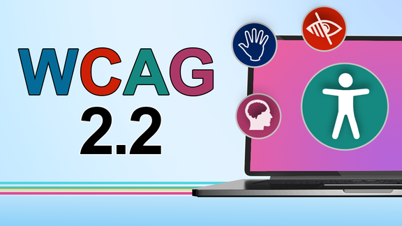 Illustration: Accessibility icons and a laptop. Words: 'WCAG 2.2'. 