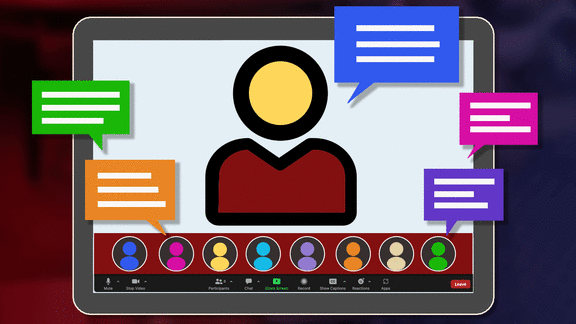 Illustration: Zoom meeting on iPad. Icons of people and speech bubbles.