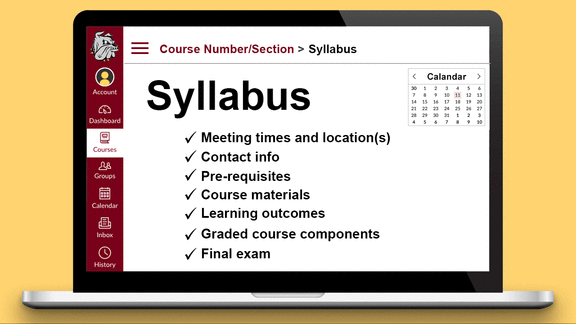 Illustration: Laptop with U.M.D. Syllabus on screen & list of requirements.