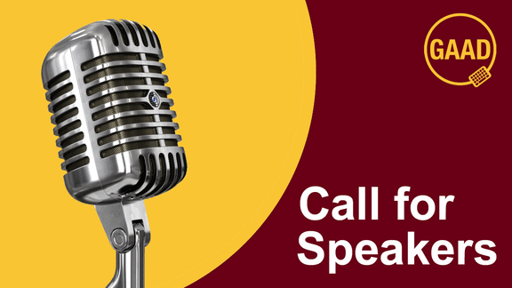 Illustration with the words: 'Call for Speakers', Microphone photo, and GAAD logo..