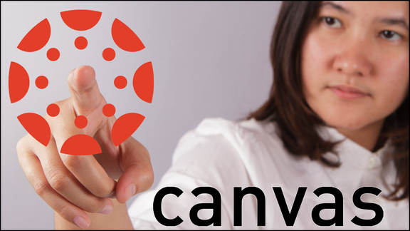 Illustration: Person with her finger on the canvas logo