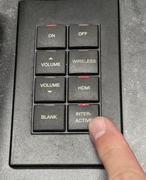 Podium Console - eight button control system with lower right hand column labeled "Interactive"