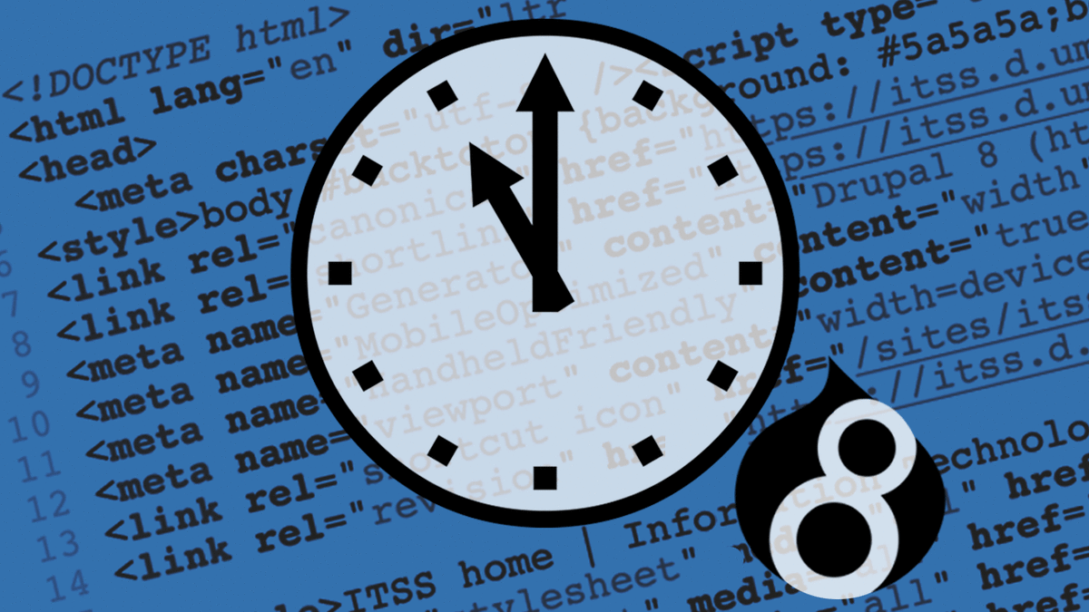 Illustration: Drupal 8 Migration. Clock Ticking with HTML code source background.