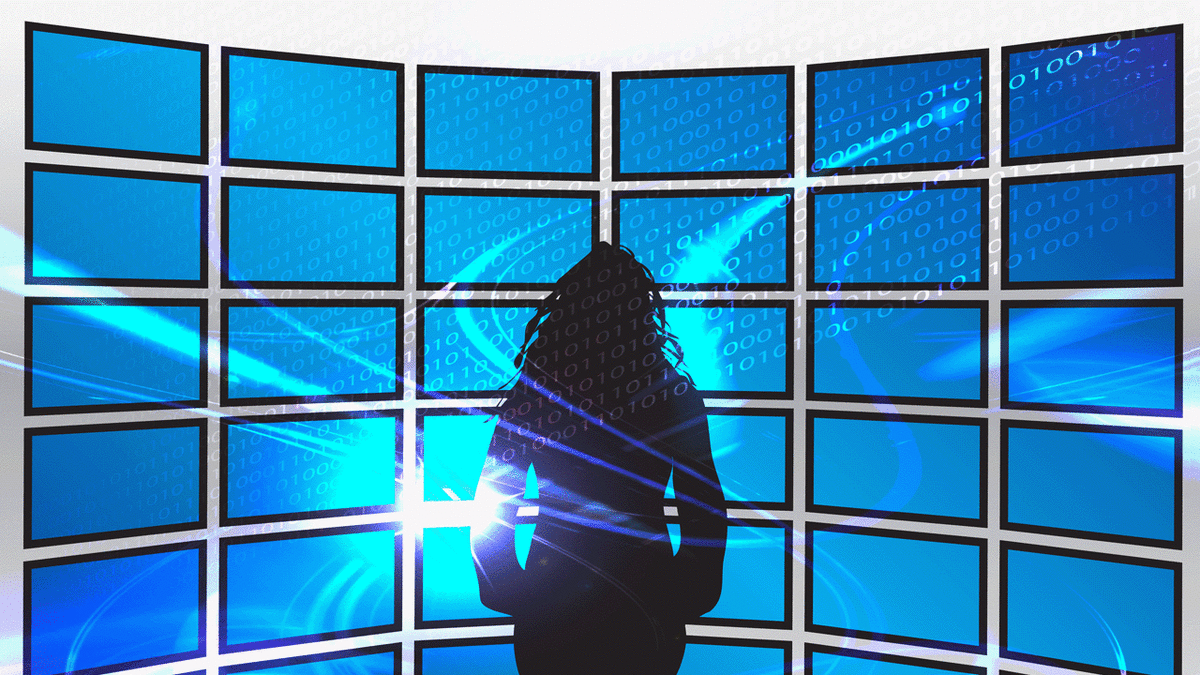 Illustration: Silhouette of a woman standing in front of a wall of digital signs.