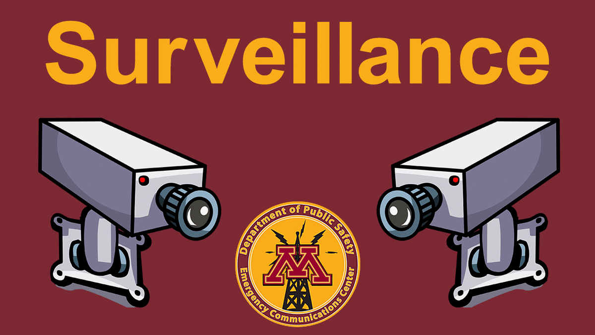 Collage: Word 'Surveillance',  Public Safety Emergency Communications Center logo, security cameras.