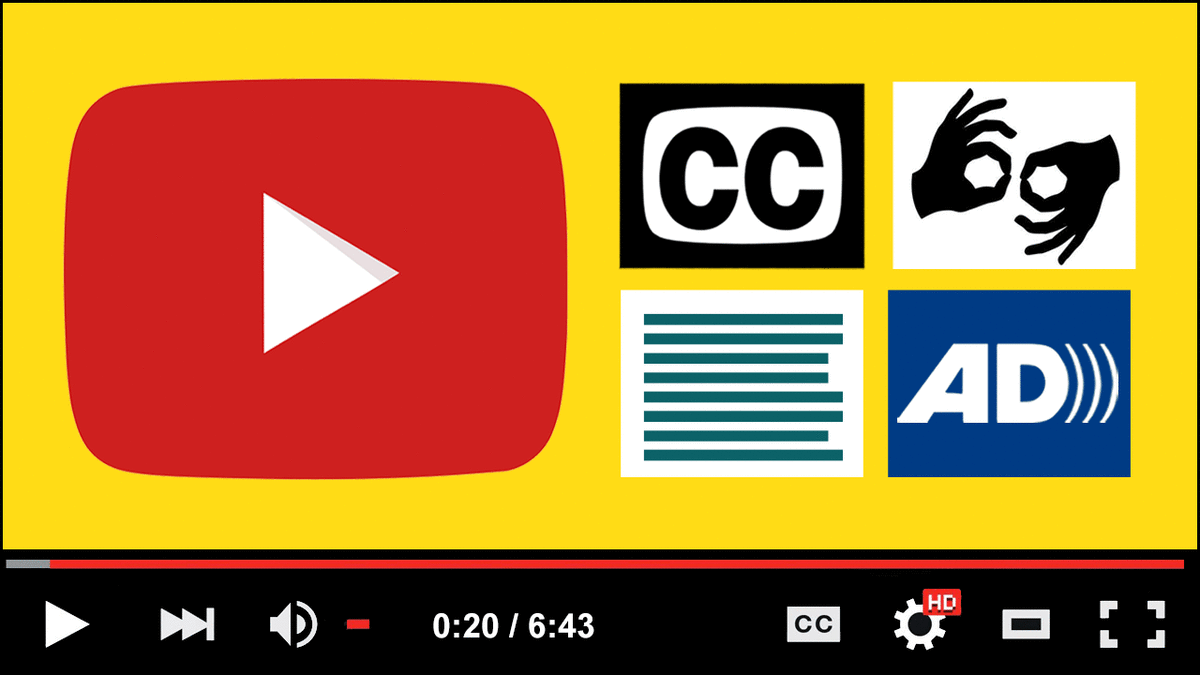 Illustration: Play button, Closed Captioning, Sign language, Transcript & AD on YouTube screen