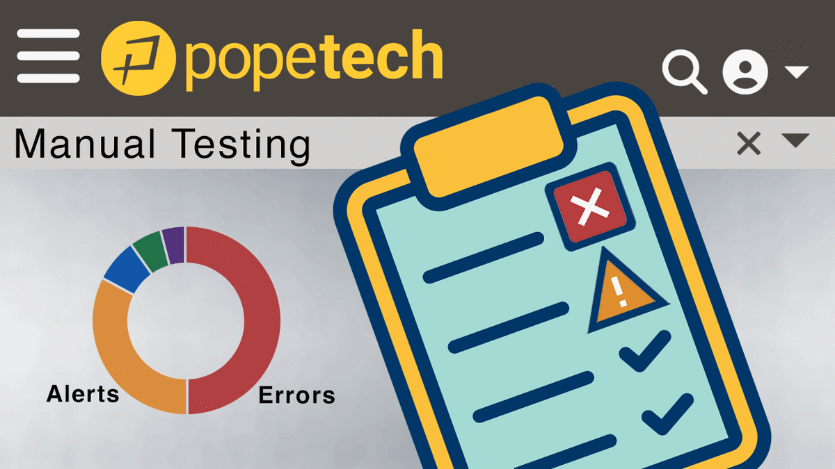 Illustration: Popetech Manual Testing. Dashboard, Alerts & Errors chart, checklist on clipboard