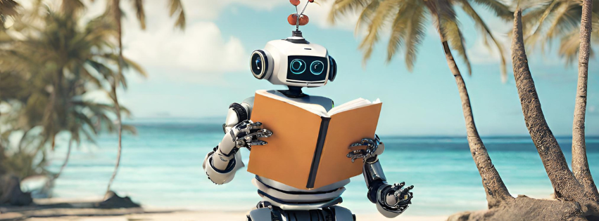 AI Generated image: robot reading a book on a tropical beach