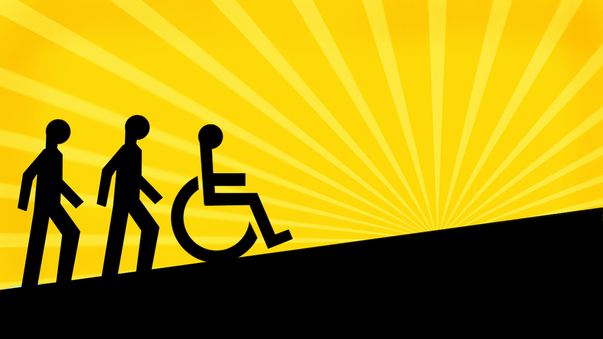 Illustration: 3 silhouetted figures. 2 walking, 1 in a wheelchair ascend a ramp. Sunrise background.
