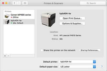 Screen shot of Printers & Scanners system preferences window with new printer added.
